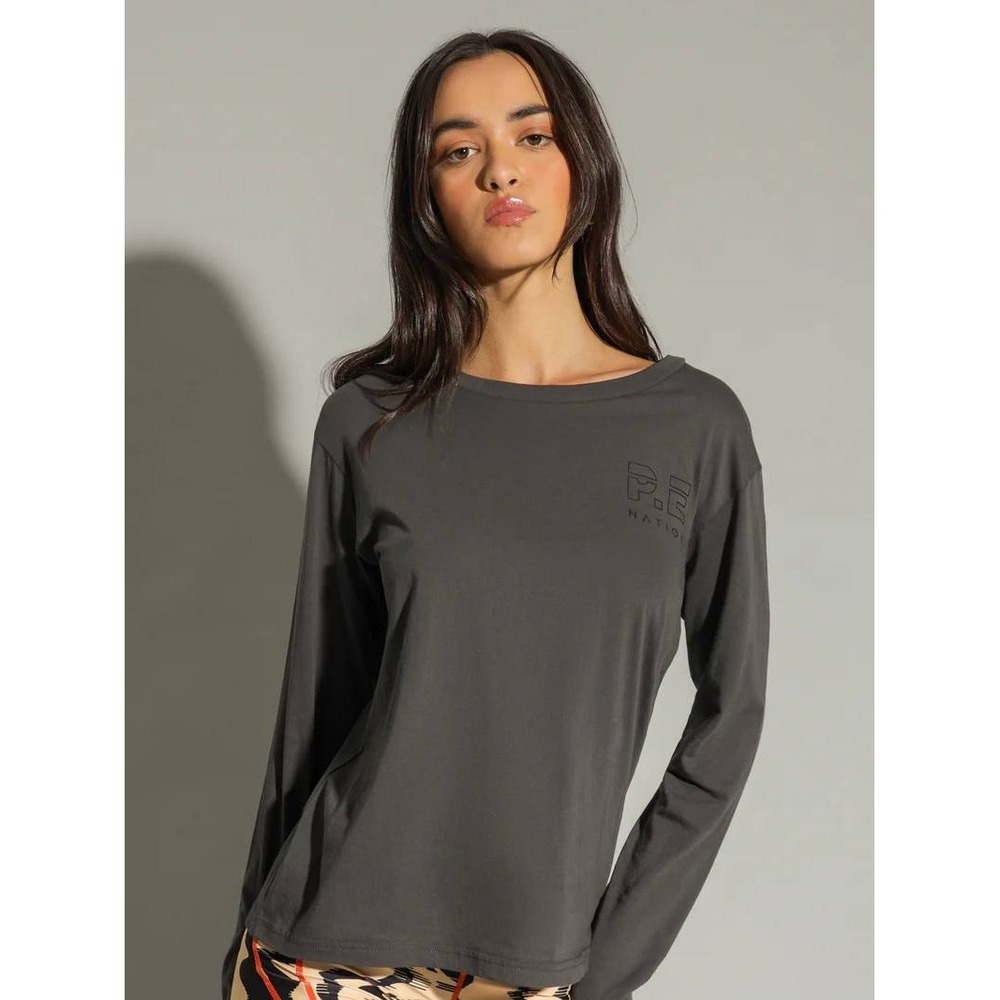 PE Nation Womens Organic Cotton Long Sleeve Logo T-Shirt Charcoal Grey XS